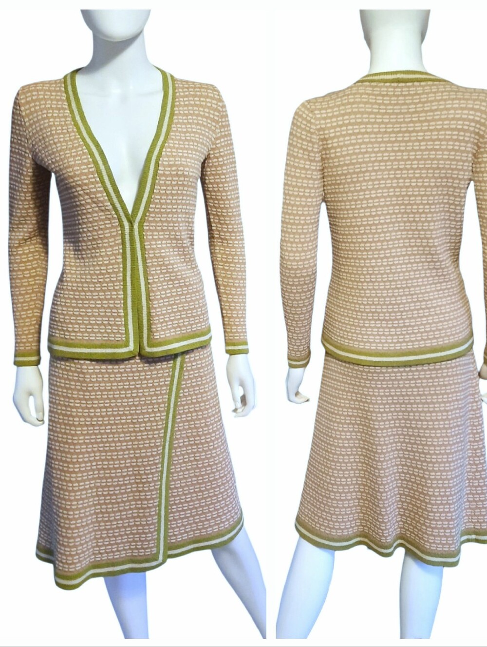 ADOLFO Vtg Dusty Rose/Ivory Wool Knit 2pc  Jacket & Skirt Set w/Green Trim Sz S